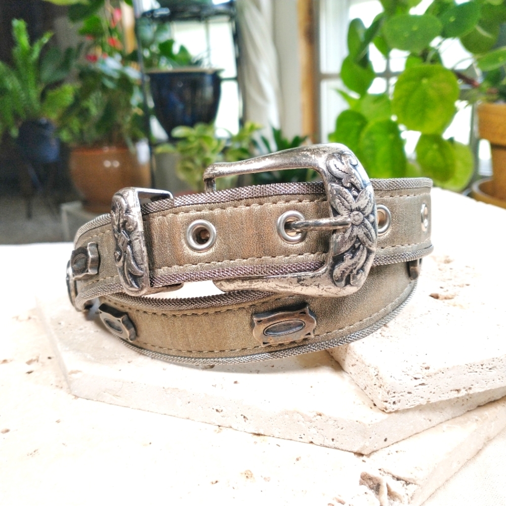 Vintage Women's Leather and Silver Mesh Floral and Ornate Studded Cowgirl Belt